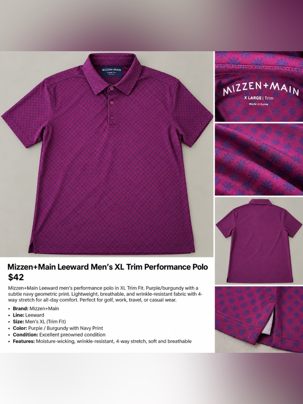 Mizzen+Main Leeward Men’s XL Trim Performance Polo Purple